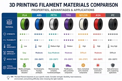 3D prentunarþráðaefni: PLA, ABS, PETG, TPU og nylon í samanburði